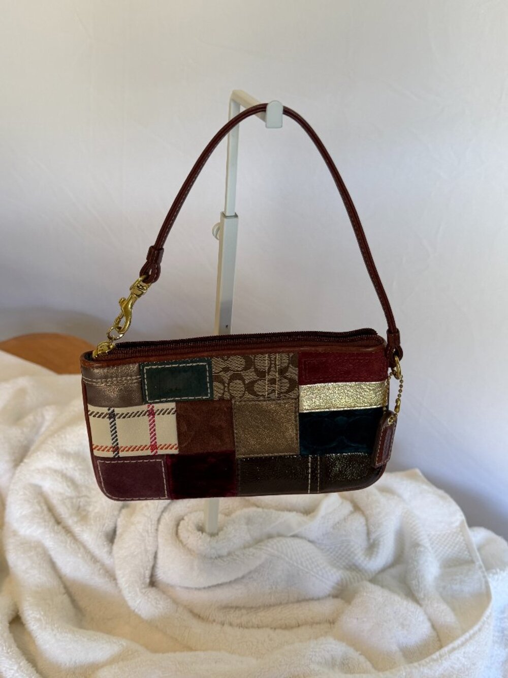 Vintage Coach Patchwork Wristlet in Burgundy, Teal, Cream, Green & Brown